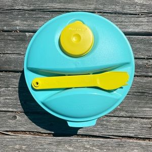 Tupperware meal prep container with mini container, knife and fork